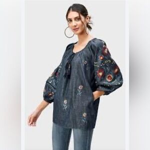 Eshakti Wayward Fancies‎ Floral Embroidery Cotton Chambray Tassel Tie Tunic